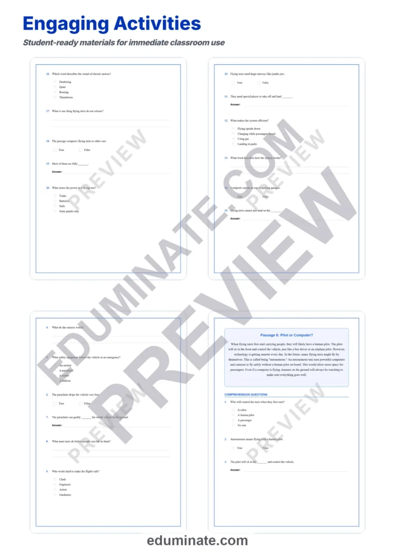 Flying Taxis Reading Comprehension Passages And Questions Worksheets Packet sample page 4