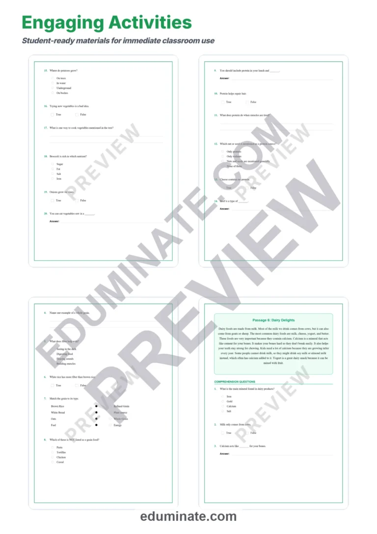 Healthy Foods Reading Comprehension Passages And Questions Worksheets Pack sample page 4