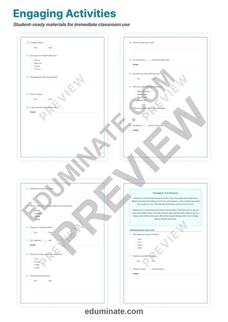 Ocean Animals Reading Comprehension Passages And Questions Printable Pack sample page 4