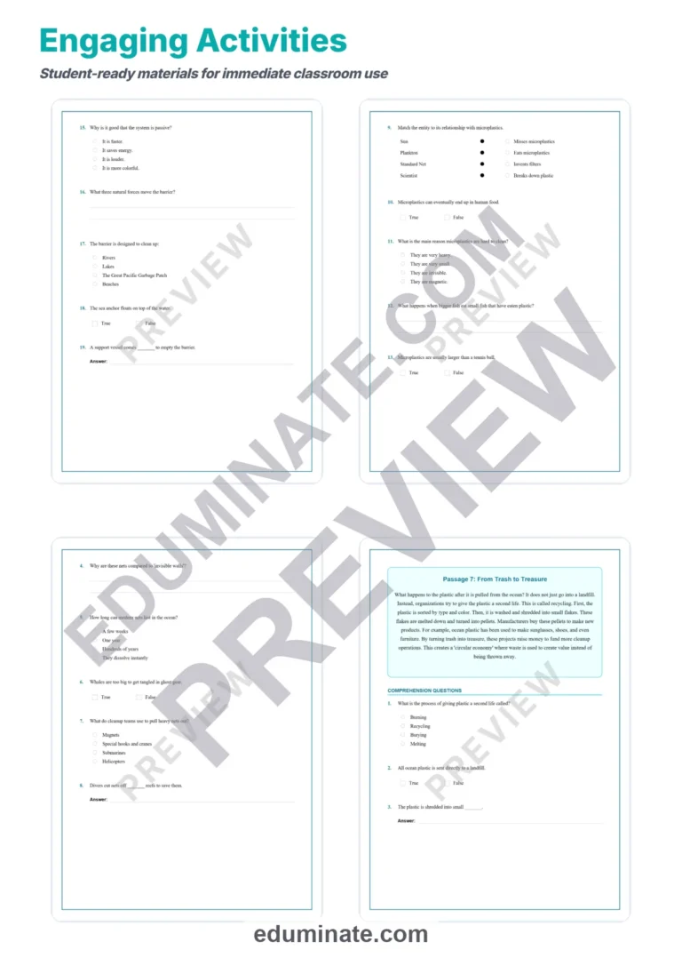 Ocean Cleanup Reading Comprehension Passages And Questions Printable Pack sample page 4