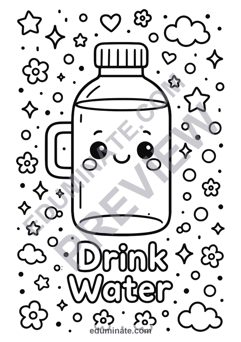 Water Bottle Coloring Pages | Healthy Hydration Drink Art Sheets for Kids sample page 4