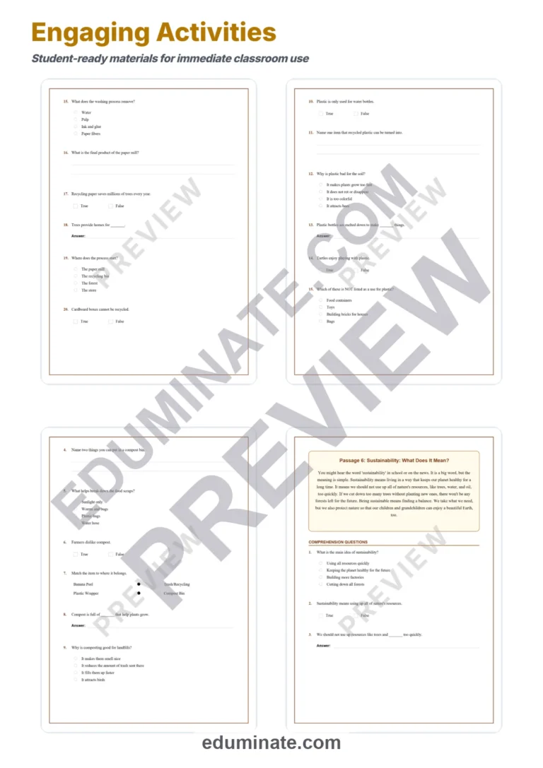 Recycling Reading Comprehension Passages and Sustainability Worksheets Set sample page 4