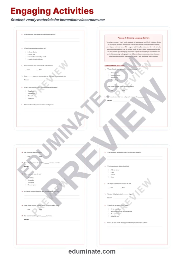 Smart Glasses Reading Comprehension Passages and Technology Worksheets Set sample page 4