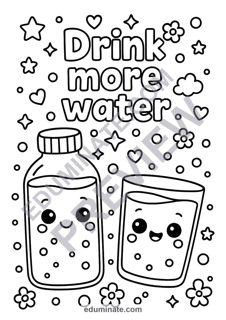 Water Coloring Pages | Healthy Drinking Habits Art Activity Sheets for Kids sample page 4