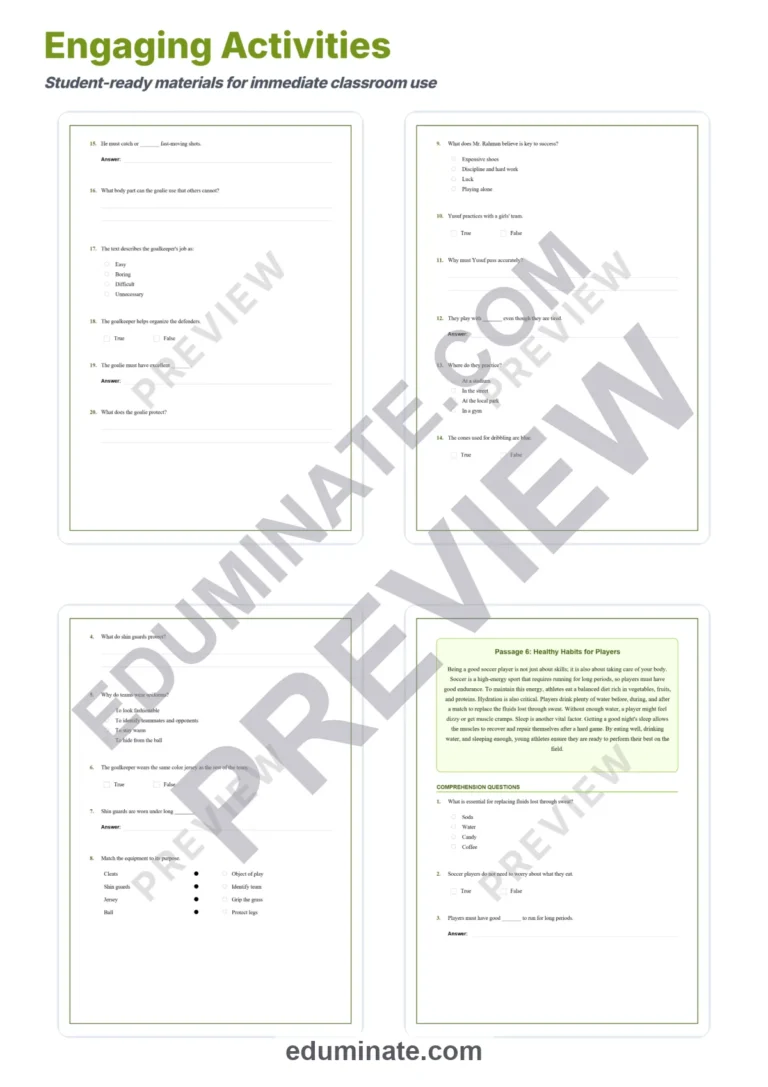 Soccer Reading Comprehension Passages and Sports Activities Worksheets Set sample page 4