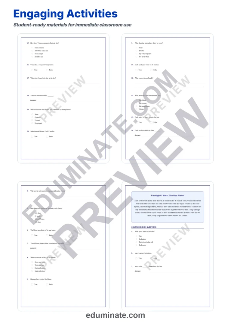 Space and Planets Reading Comprehension Passages and Solar System Worksheets sample page 4
