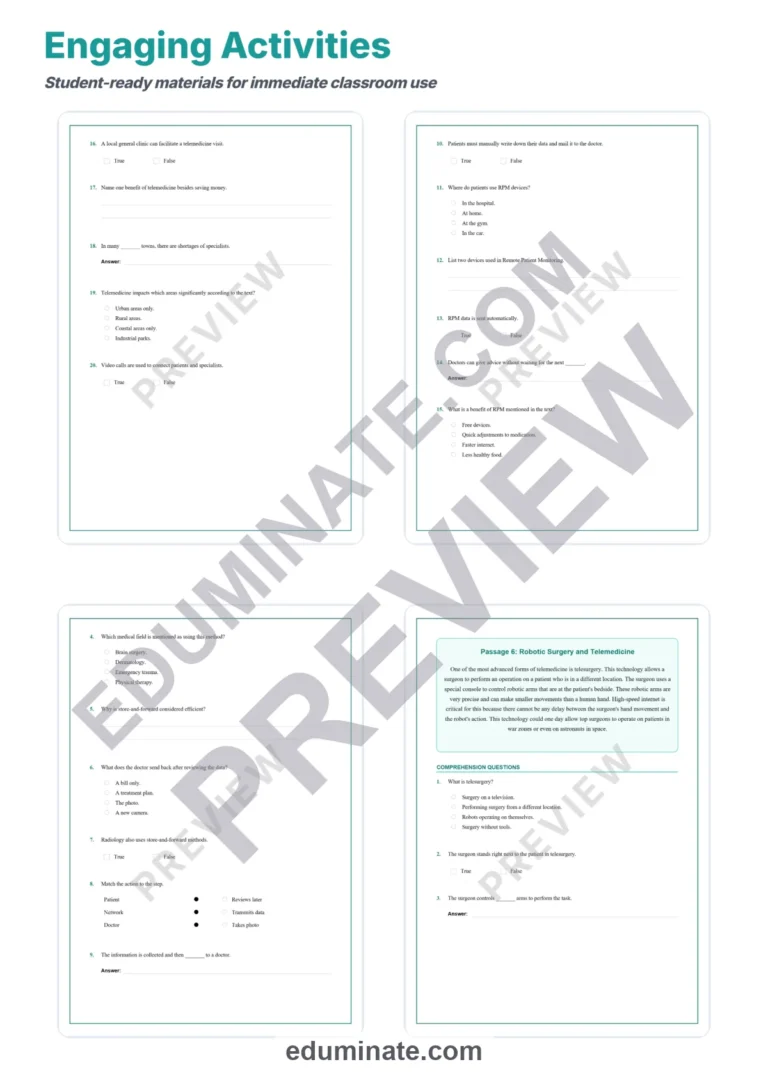 Telemedicine Reading Comprehension Passages and Digital Healthcare Worksheets sample page 4