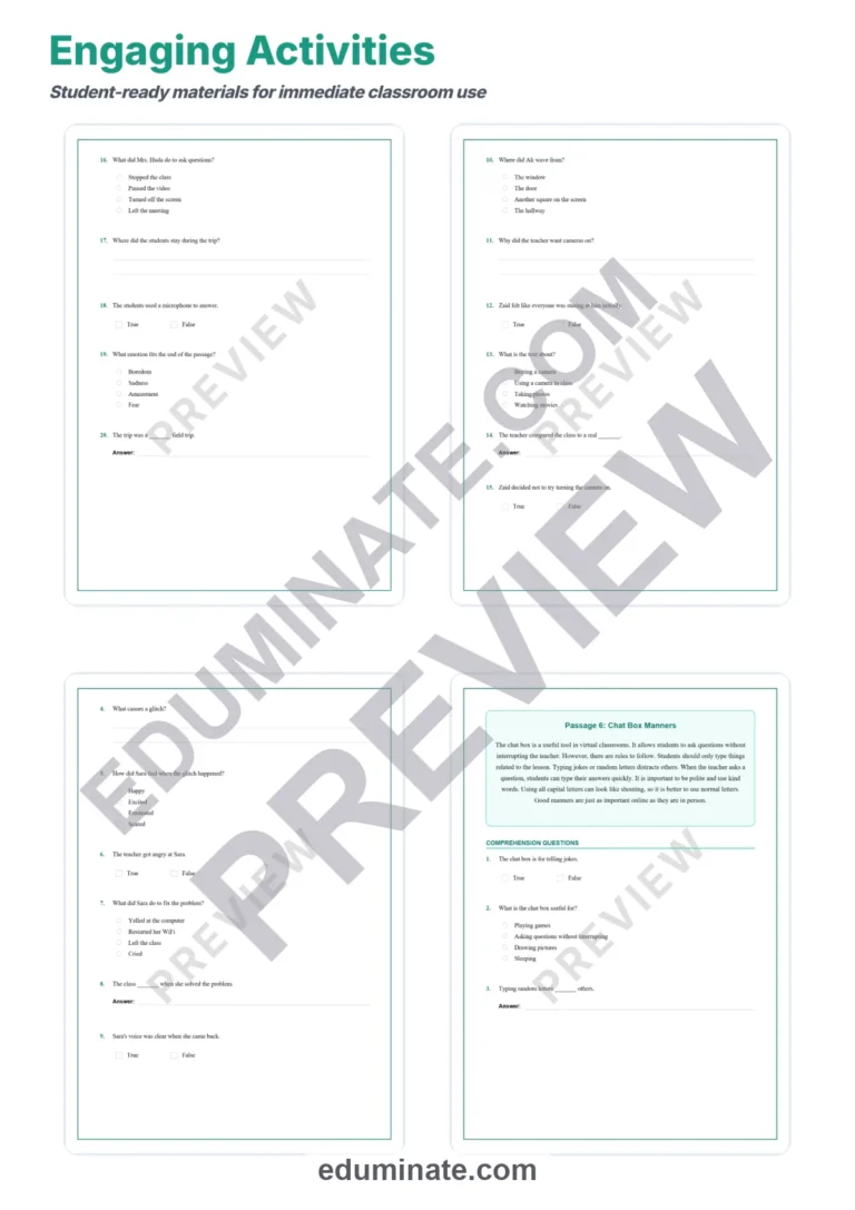 Virtual Classrooms Reading Comprehension Passages and Online Learning Sheets sample page 4