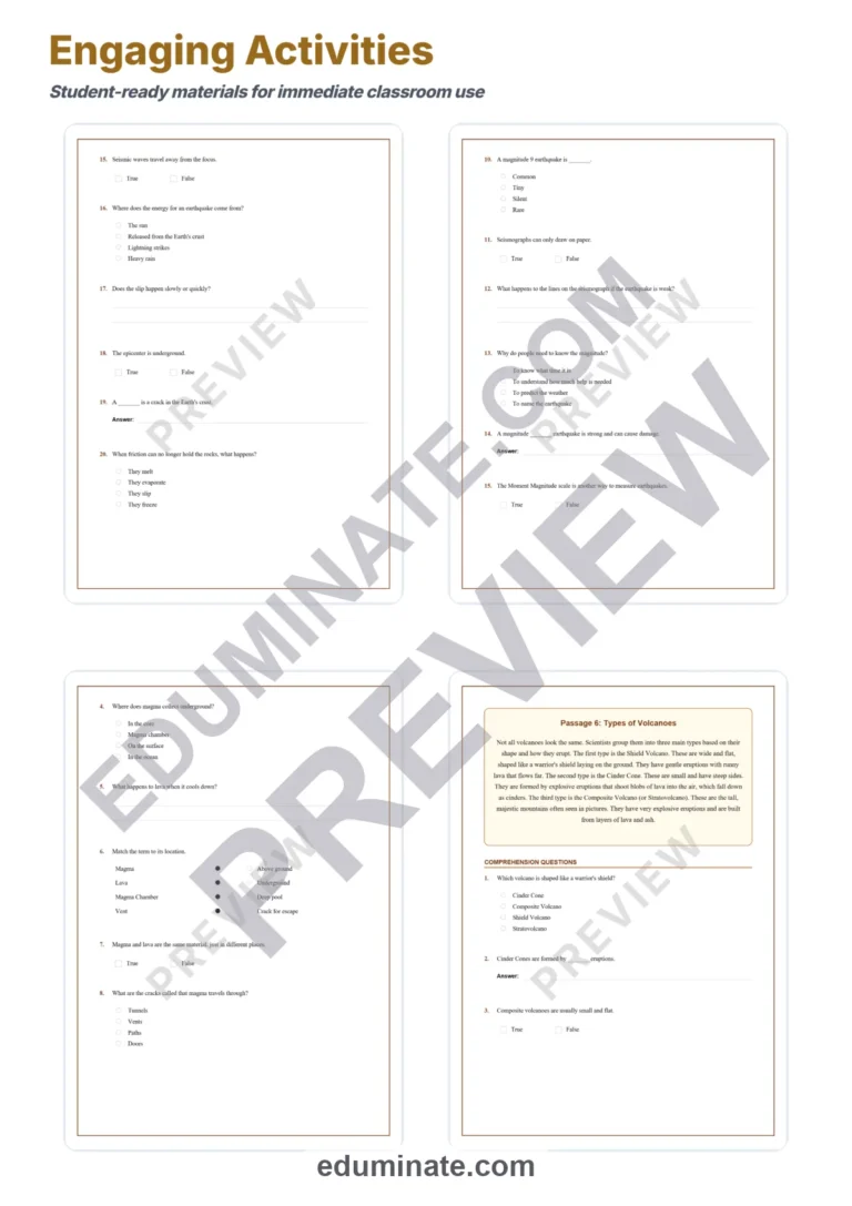 Volcanoes and Earthquakes Reading Comprehension Passages and Science Sheets sample page 4