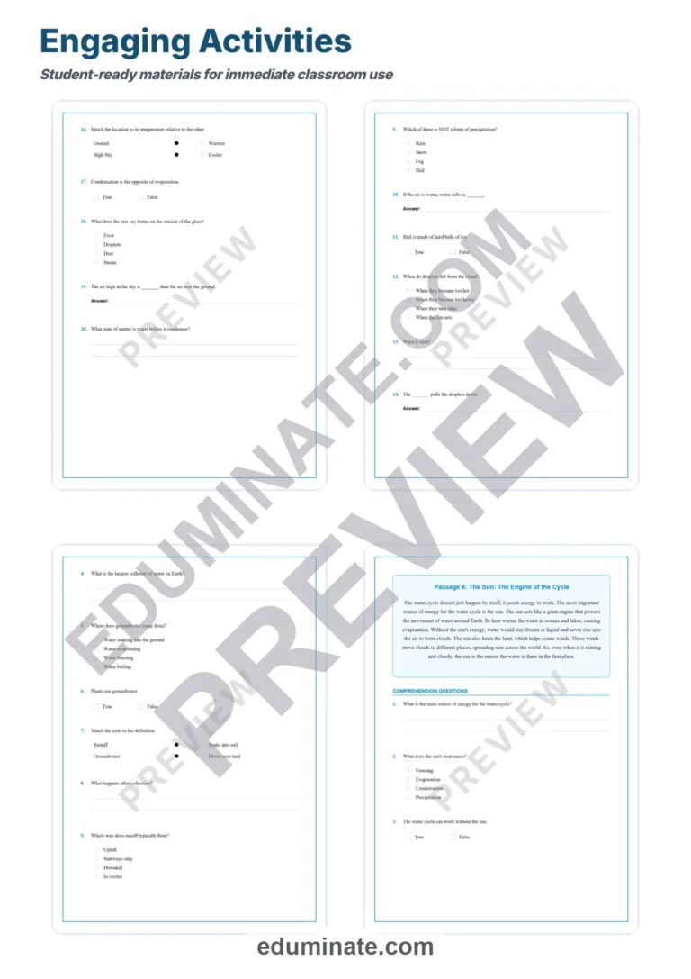 Water Cycle Reading Comprehension Passages and Worksheets for Classroom Study sample page 4