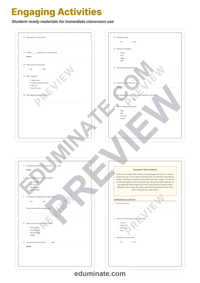 Worm Composting Reading Comprehension Passages and Soil Science Worksheets sample page 4