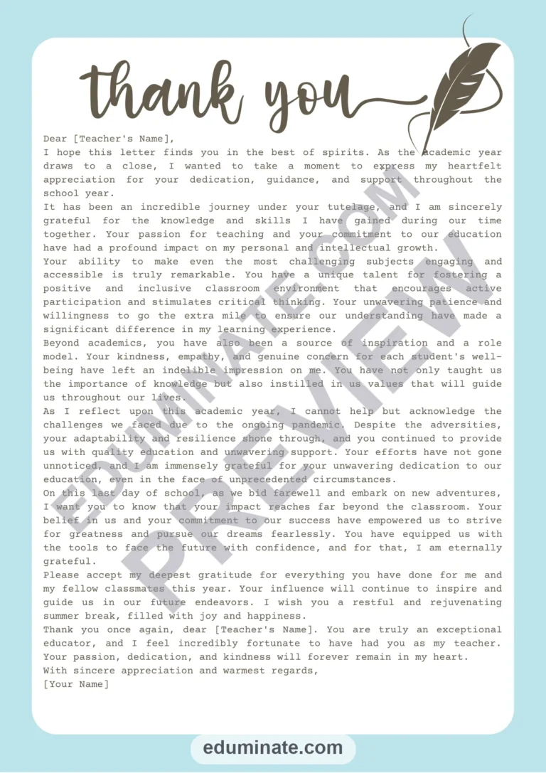Thank You Letter to Teacher for the Last Day of School – 12 Page Printable PDF sample page 4