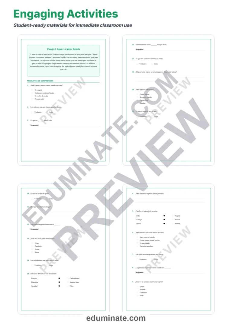 Spanish Healthy Food Reading Passages – Questions and Answer Key Grades 2-6 sample page 4