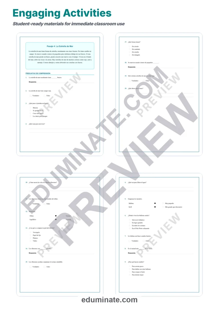 Spanish Ocean Animals Reading Passages – Questions and Answer Key Grades 1-4 sample page 4