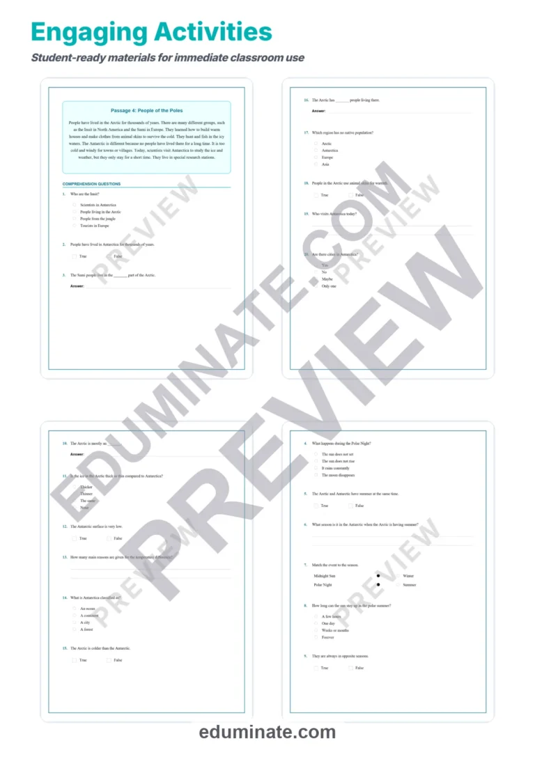 Arctic and Antarctic Differences Reading Comprehension Passages Grades 2-6 sample page 4