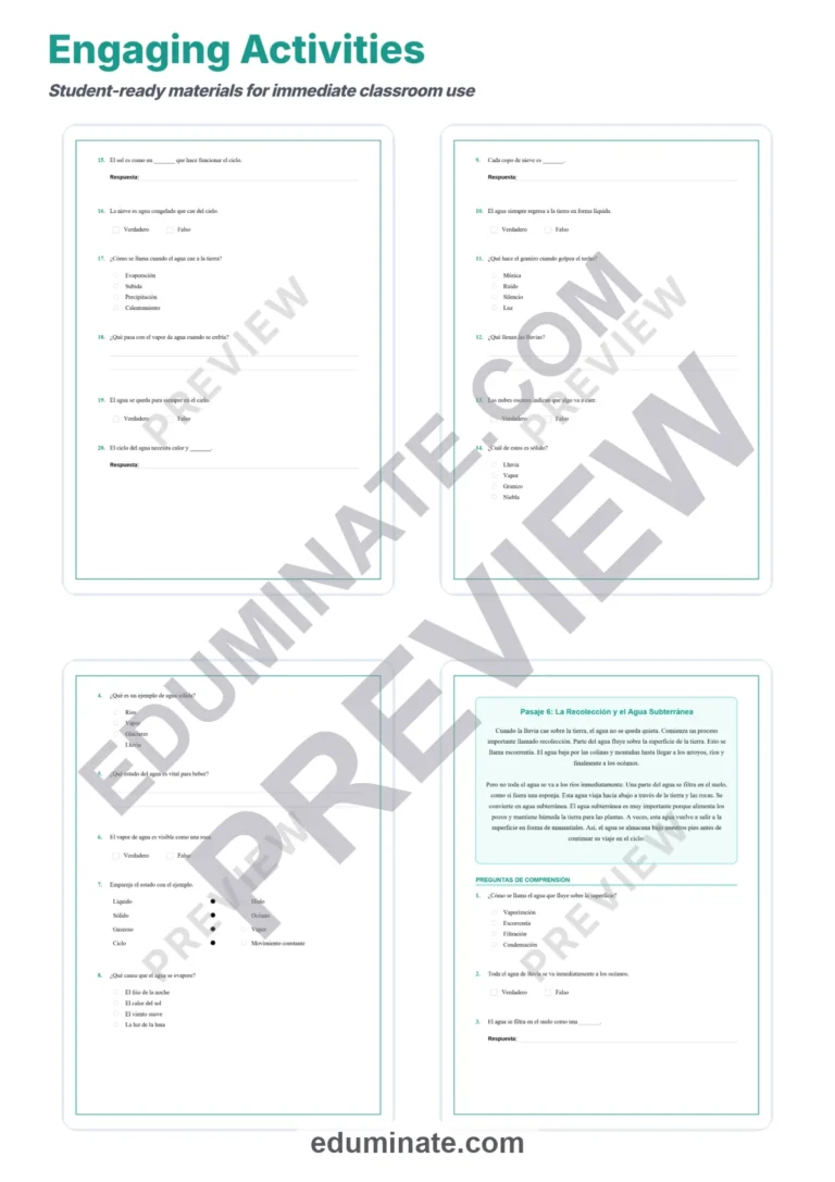 Spanish Water Cycle Reading Passages – Questions and Answer Key Grades 2-6 sample page 4