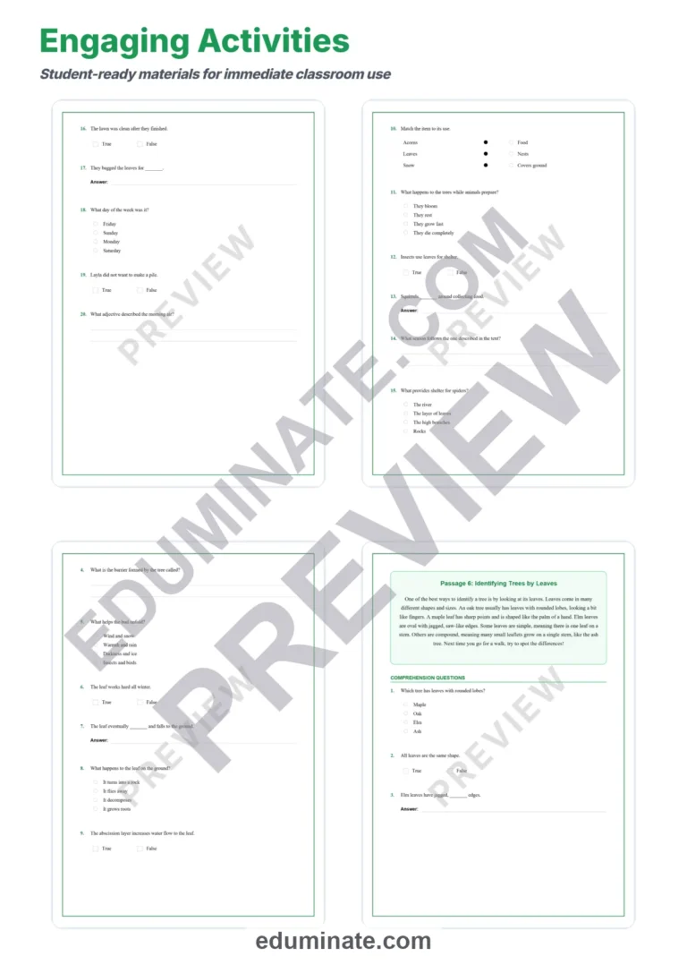 Autumn Leaves Reading Comprehension Passages and Worksheets for Grades 3-5 sample page 4
