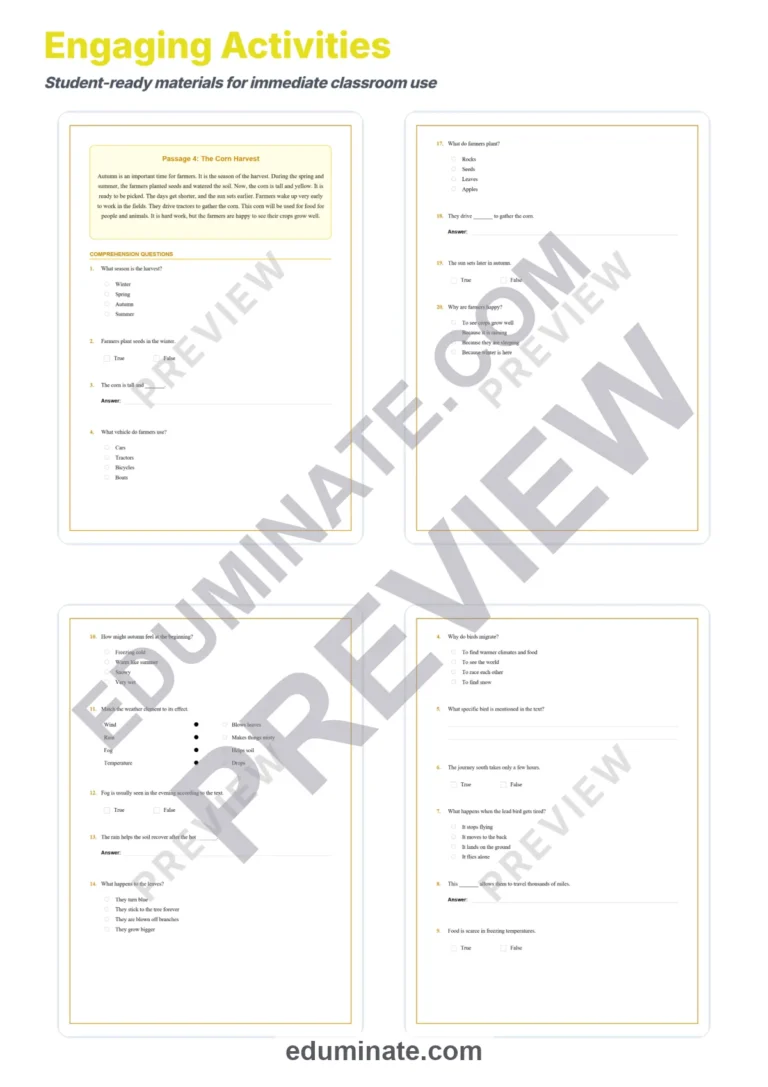 Autumn Reading Comprehension Passages Worksheets Grades 1-8 Autumn Wonders sample page 4