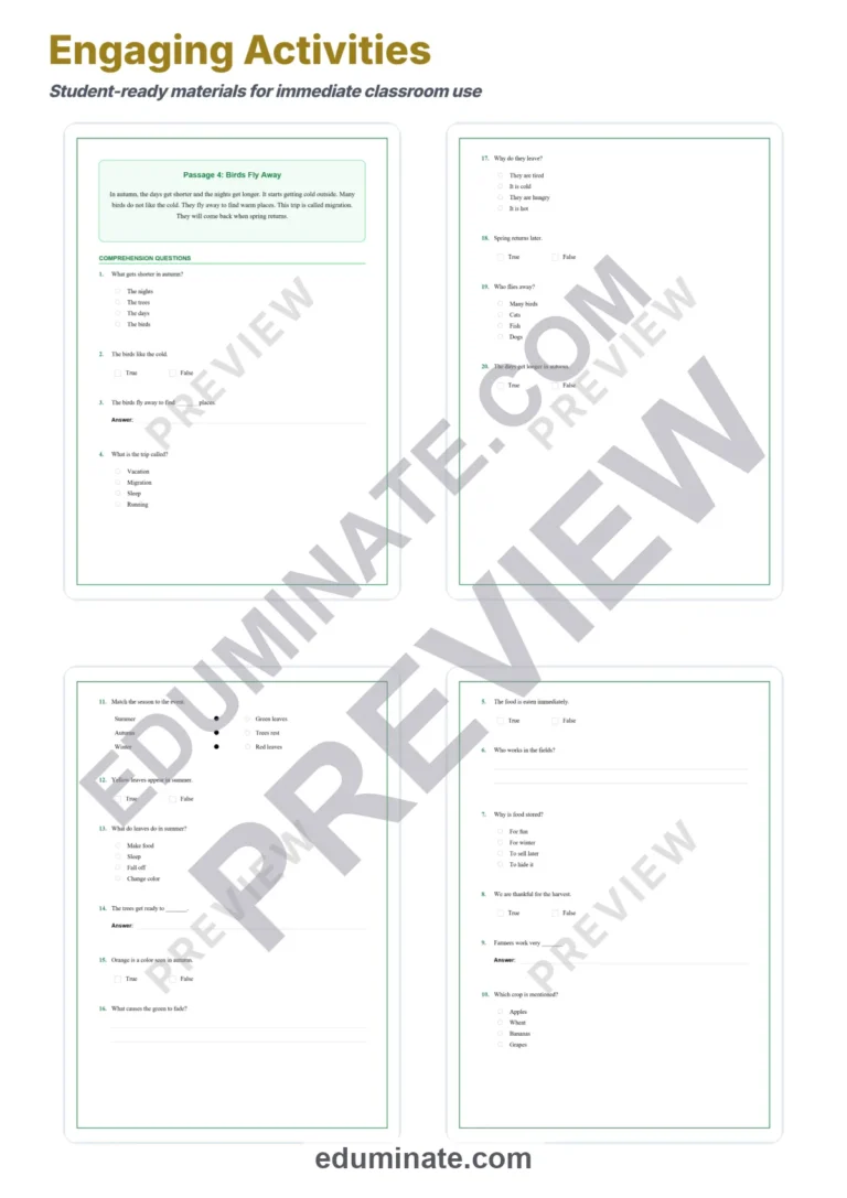 Autumn Nature Reading Comprehension Passages Worksheets Grades 1-5 Printables sample page 4