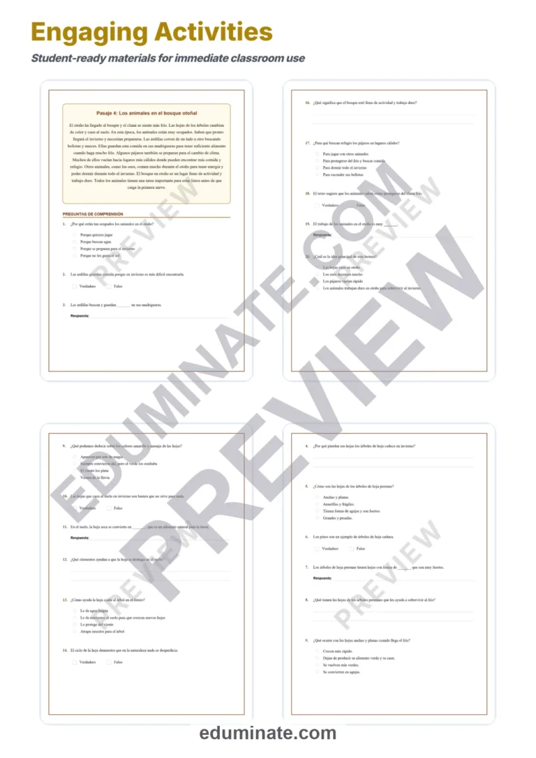 Spanish Fall Reading Comprehension Passages and Worksheets for Grades 1-5 sample page 4