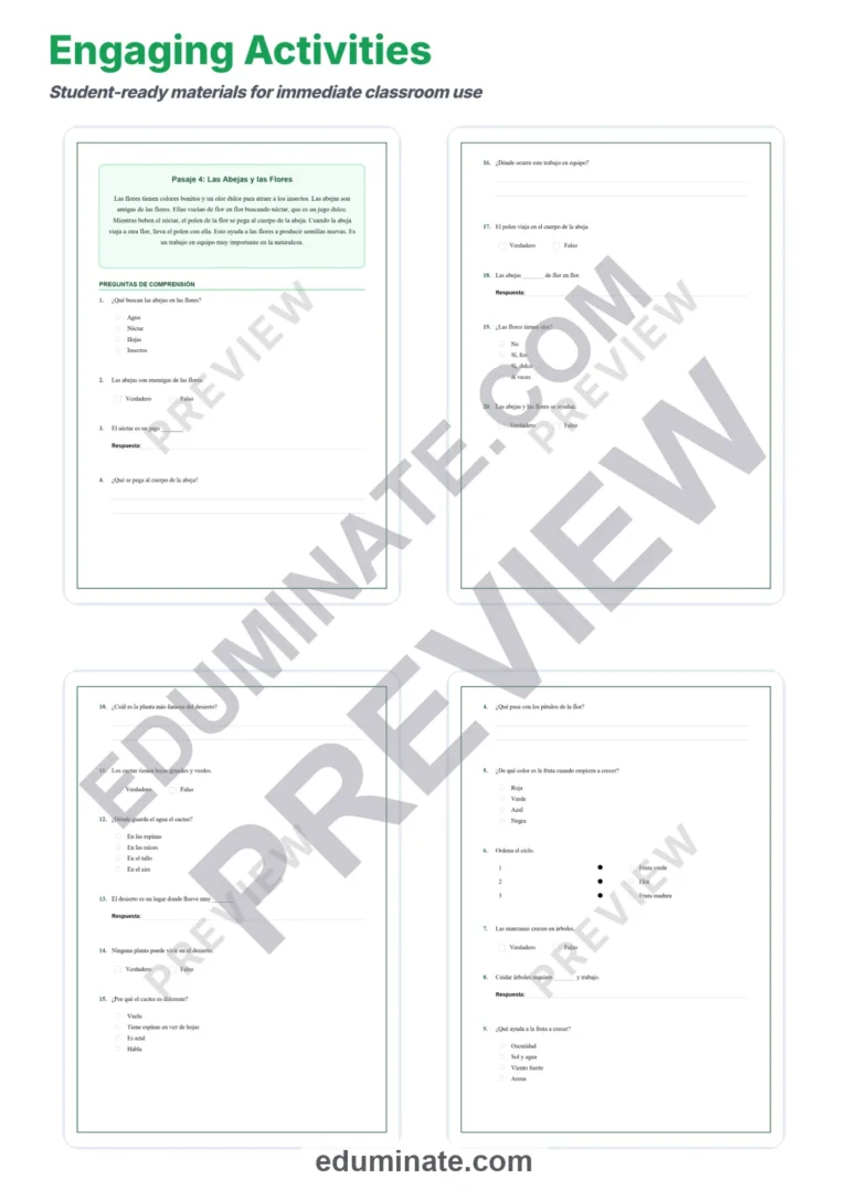 Spanish Plants Reading Passages – Printable Pages with Questions Grades 2-6 sample page 4
