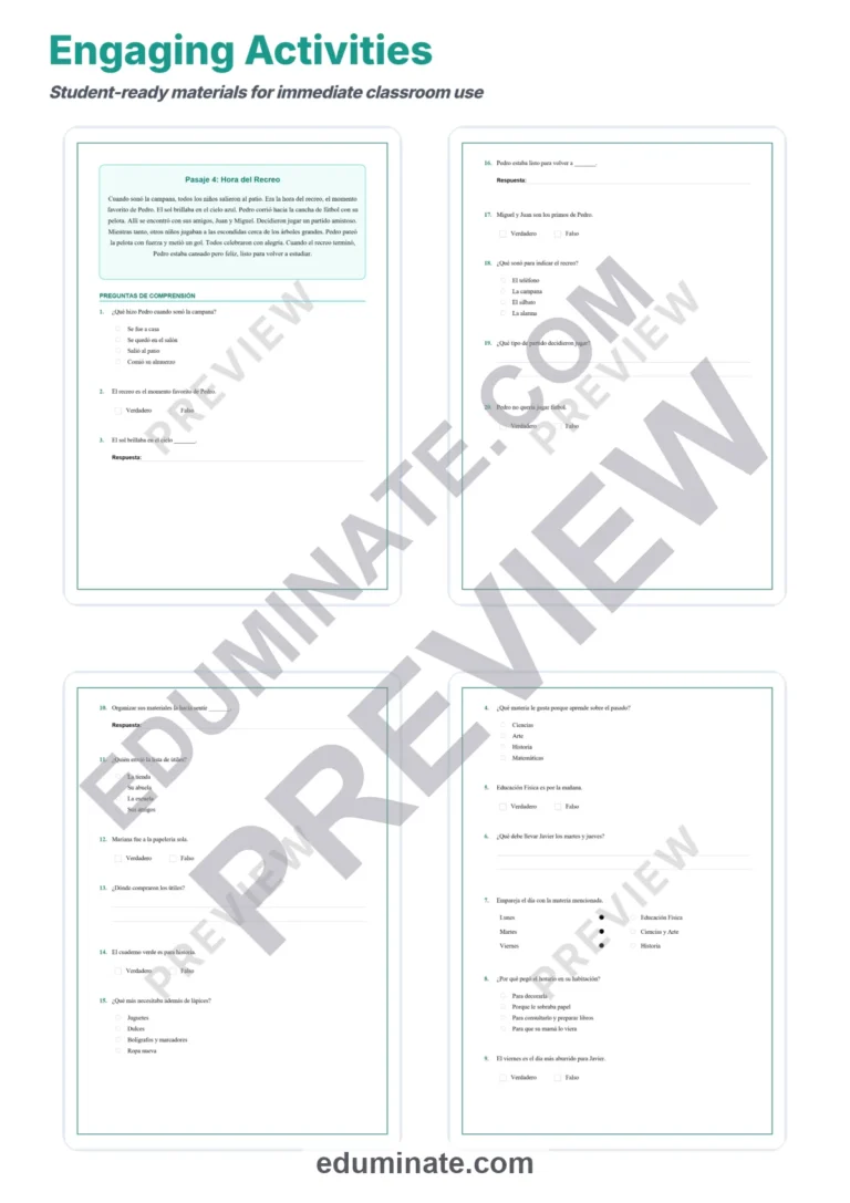 Spanish Back to School Reading Passages – Questions and Answer Key Grades 2-6 sample page 4