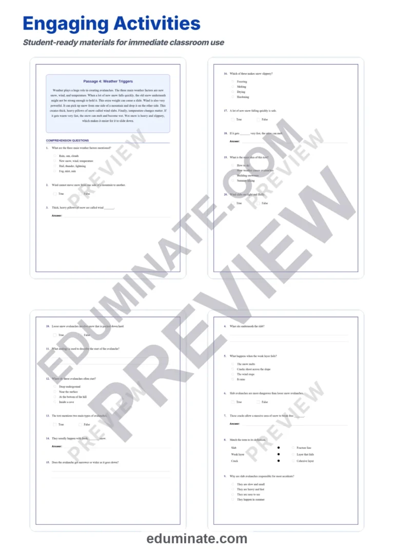 Avalanche Formation Reading Comprehension Passages Worksheets Grades 3-8 Packet sample page 4