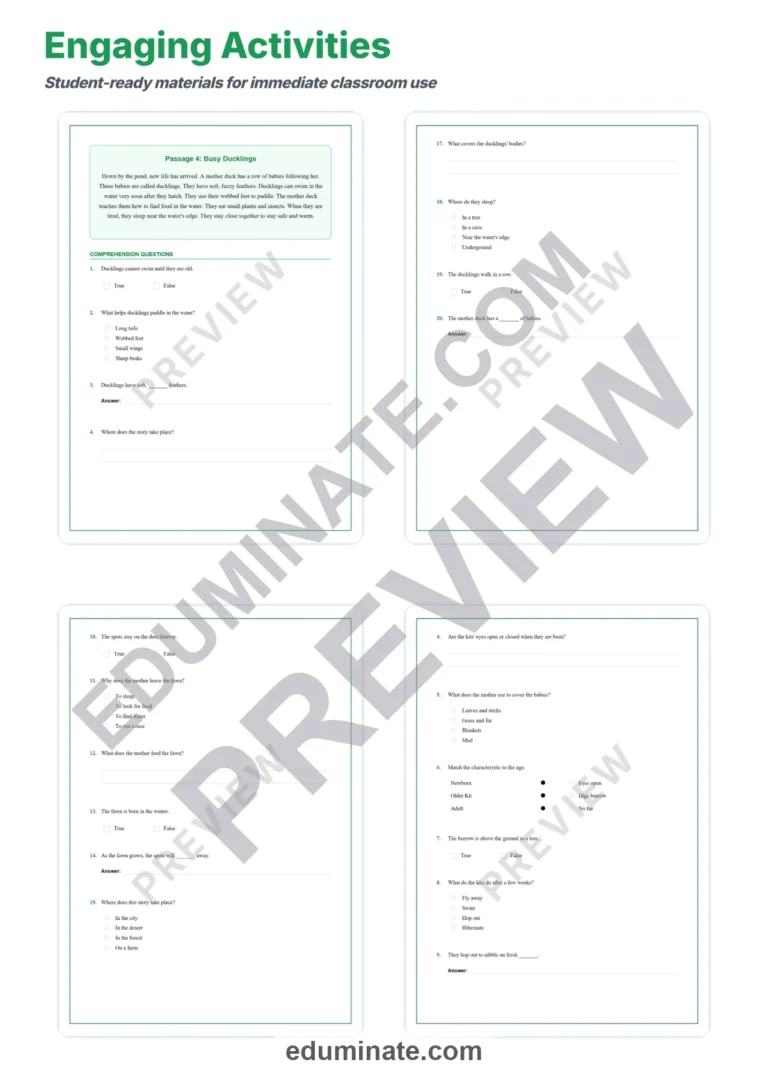 Baby Animals in Spring Reading Comprehension Passages Worksheets Grades 1-5 Unit sample page 4