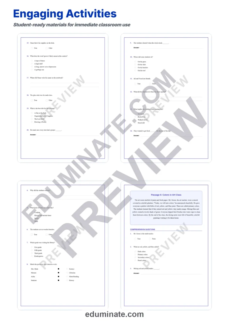 Back to School Reading Comprehension Passages Worksheets Grades K-5 Printables sample page 4
