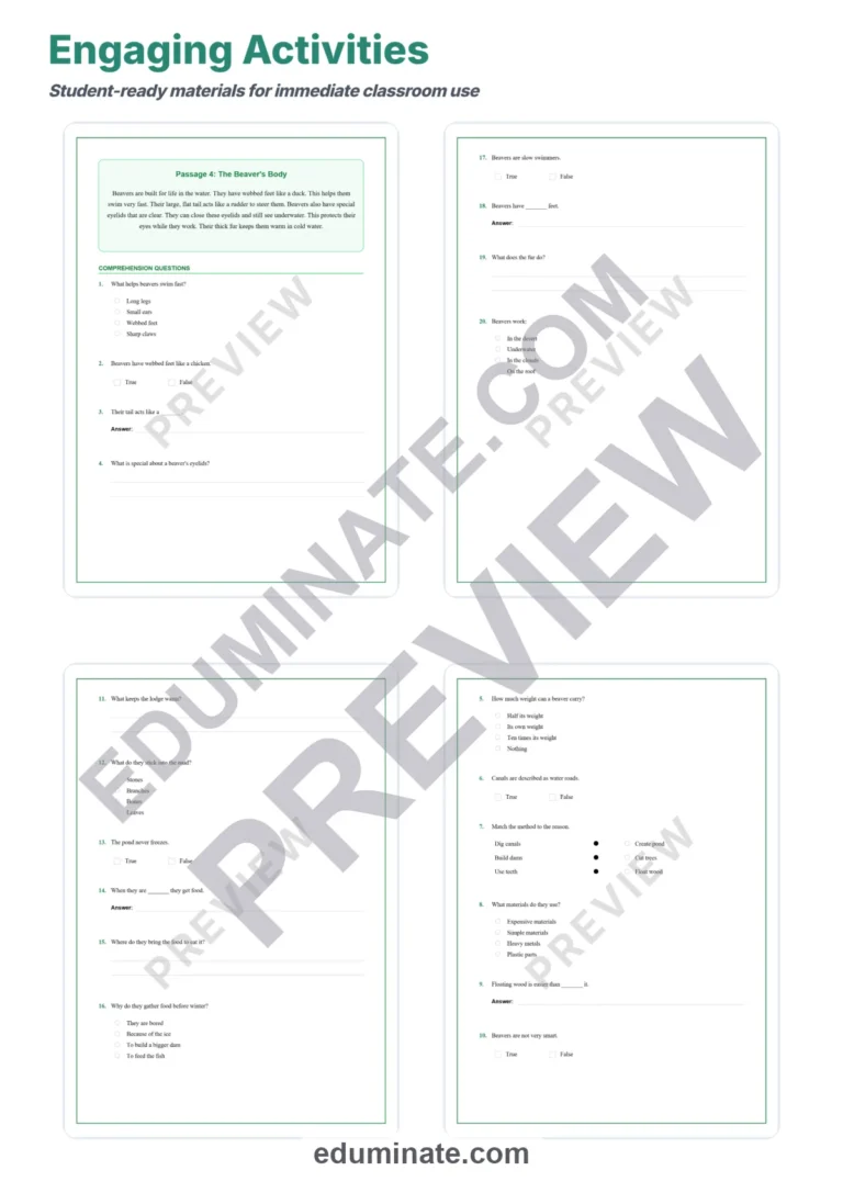 Beaver Worksheets: Reading Comprehension Passages with Answer Keys, Grades 2-6 sample page 4