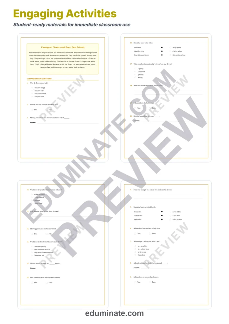 Bees and Pollination Reading Comprehension Passages Worksheets Grades 2-6 Pages sample page 4