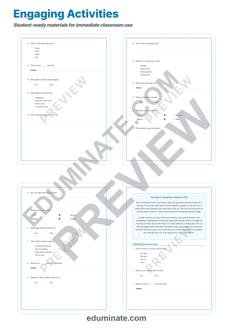 Bird Migration Reading Comprehension Passages Worksheets Grades 2-11 Pages sample page 4