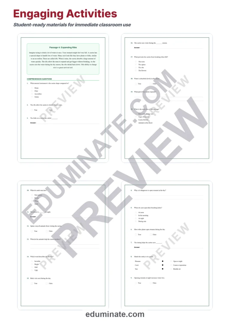 Cactus Adaptations Reading Comprehension Passages Worksheets Grades 2-8 Pages sample page 4