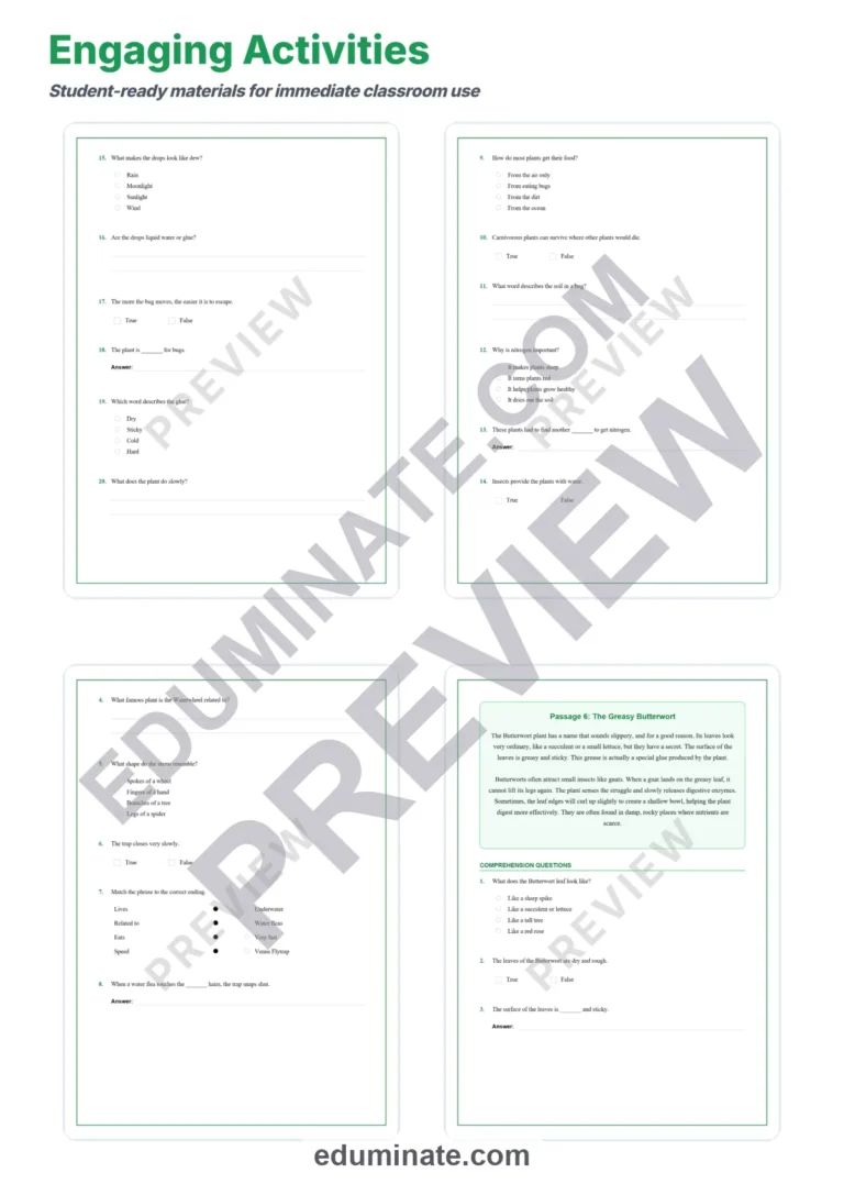 Carnivorous Plants Worksheets: Reading Passages with Answer Keys, Grades 2-6 sample page 4