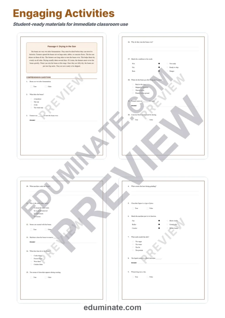 Chocolate Making Process Reading Comprehension Passages and Questions Gr 2-6 sample page 4