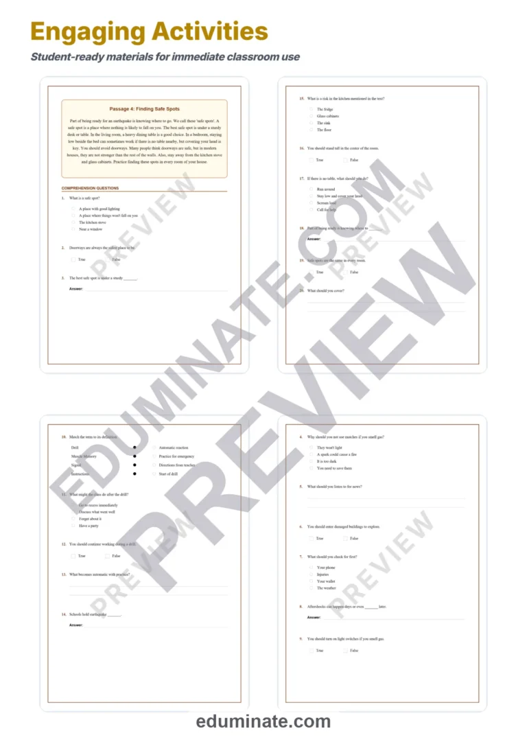 Earthquake Safety Reading Comprehension Passages and Questions for Grades 3-7 sample page 4