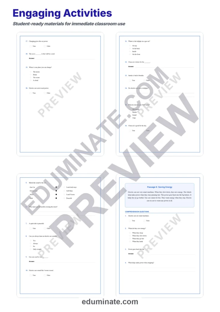 Electric Cars Reading Comprehension Passages with Answer Keys, Grades K-2 sample page 4