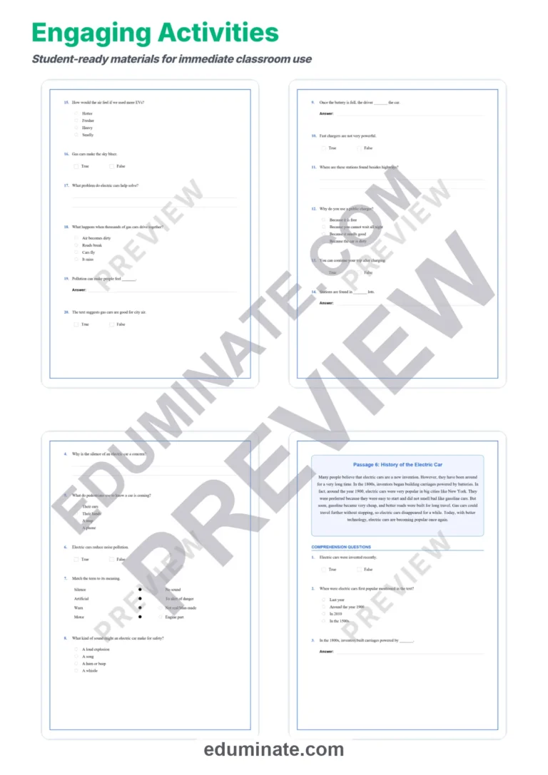 Electric Vehicles Reading Comprehension Passages 1-5 and Questions Worksheets sample page 4