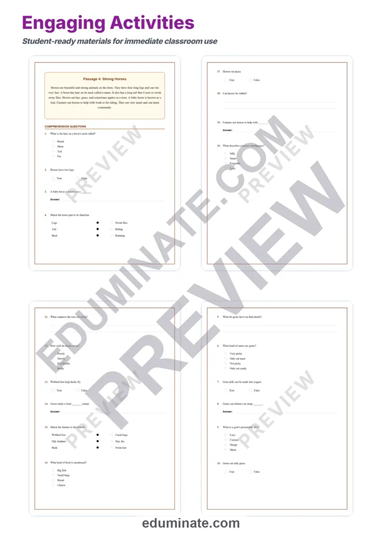 Farm Animals Reading Comprehension Passages and Questions for Grades 1 to 5 sample page 4