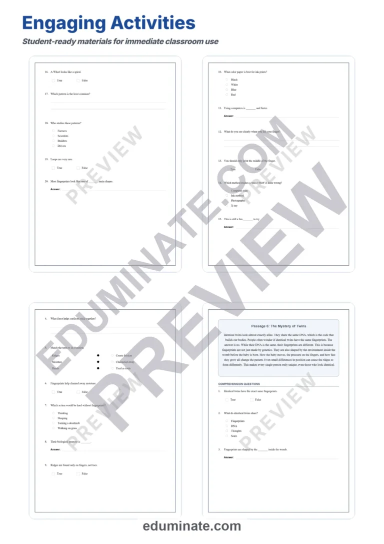 Fingerprint Patterns Reading Comprehension Passages and Questions Grades 3-8 sample page 4