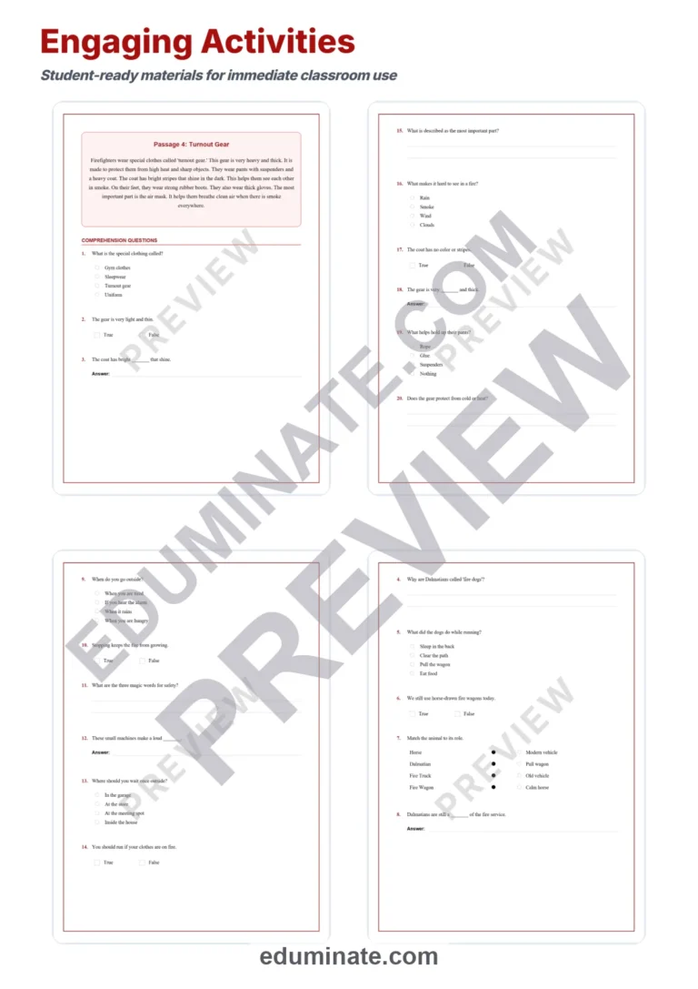 Firefighter Reading Comprehension Passages and Questions for Grades 1 to 5 sample page 4