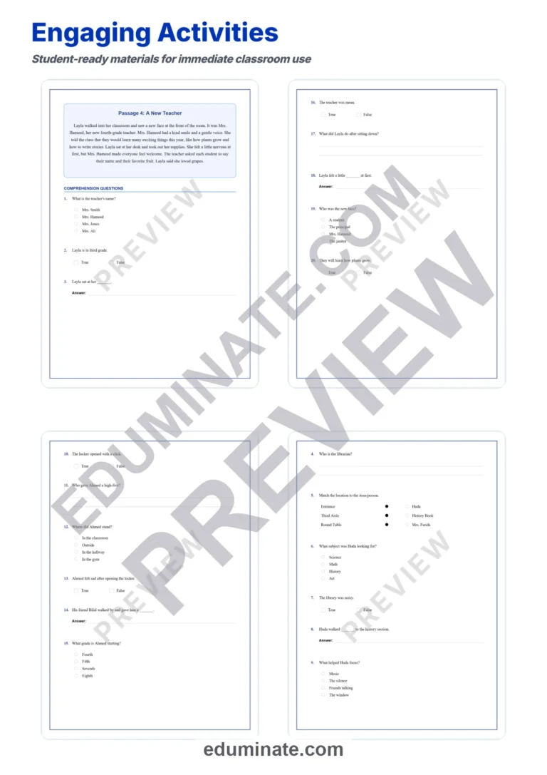 First Day of School Reading Comprehension Passages and Questions Grades 1-10 sample page 4