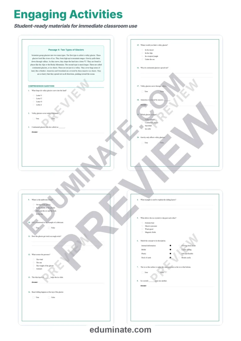 Glacier Movement Reading Comprehension Passages and Questions for Grades 4-8 sample page 4