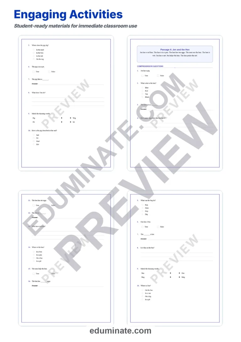 Reading Simple CVC Sentences Worksheets for Kindergarten and 1st Grade Class sample page 4