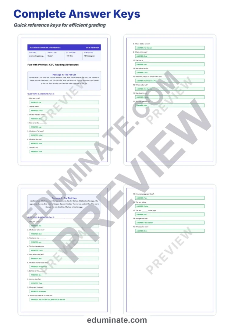 Short Vowel Worksheets – CVC Words Reading Passages and Questions 1st Grade sample page 4