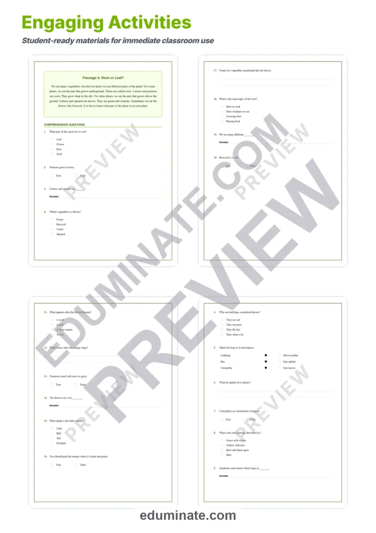 Growing Vegetables Reading Comprehension Passages and Questions Grades 1-5 sample page 4