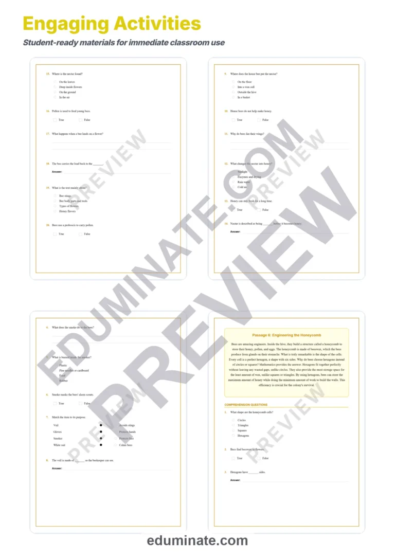 Honey Production Reading Comprehension Passages and Questions for Grades 2-6 sample page 4