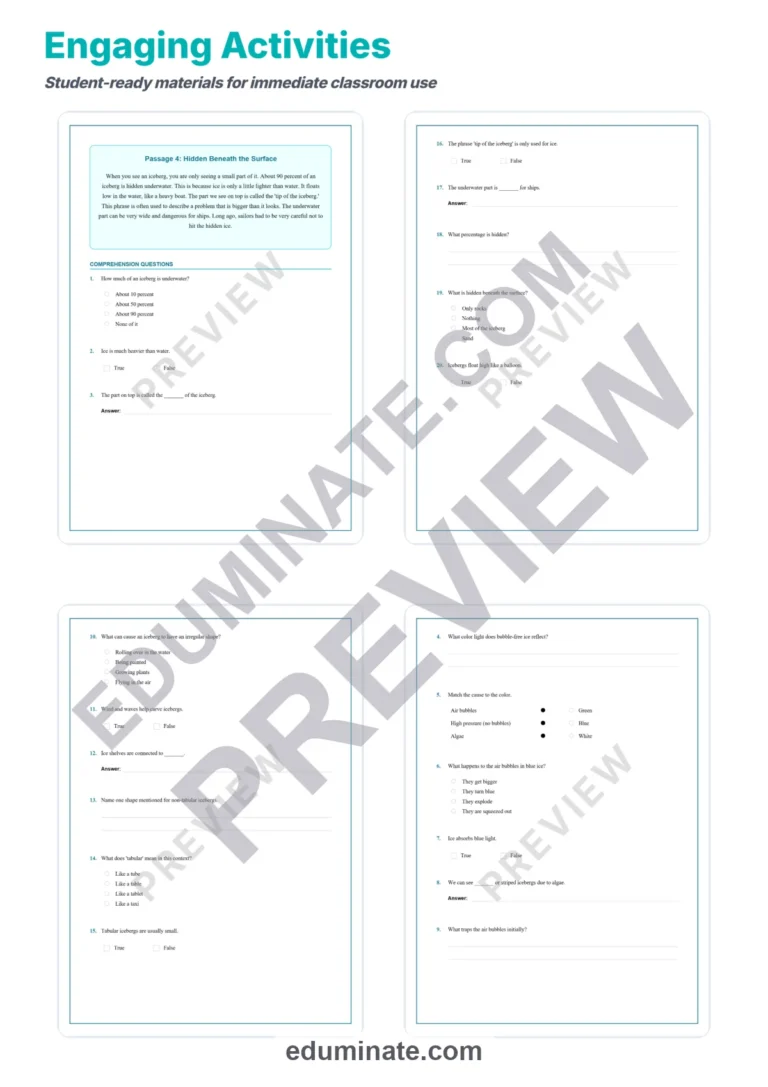 Iceberg Formation Reading Comprehension Passages and Questions for Grades 2-6 sample page 4