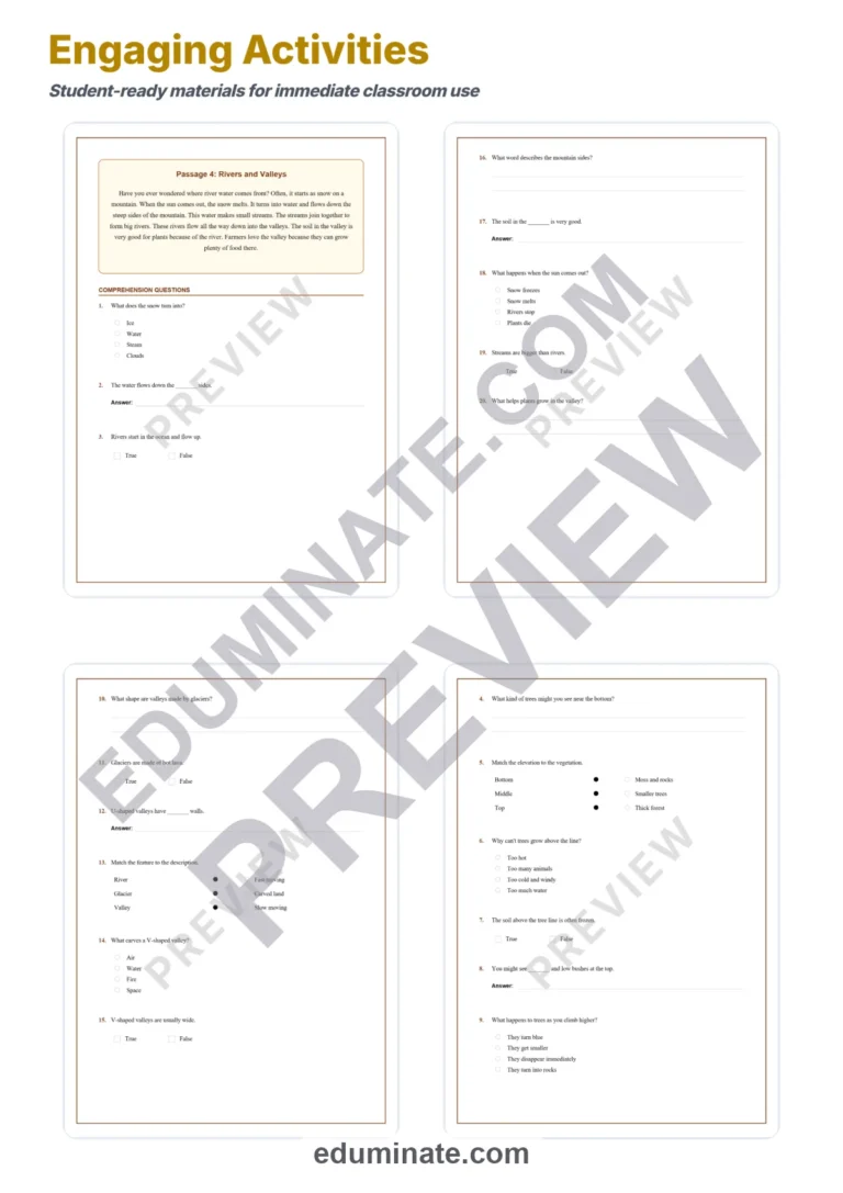 Mountains and Valleys Reading Comprehension Passages and Questions Grades 2-6 sample page 4