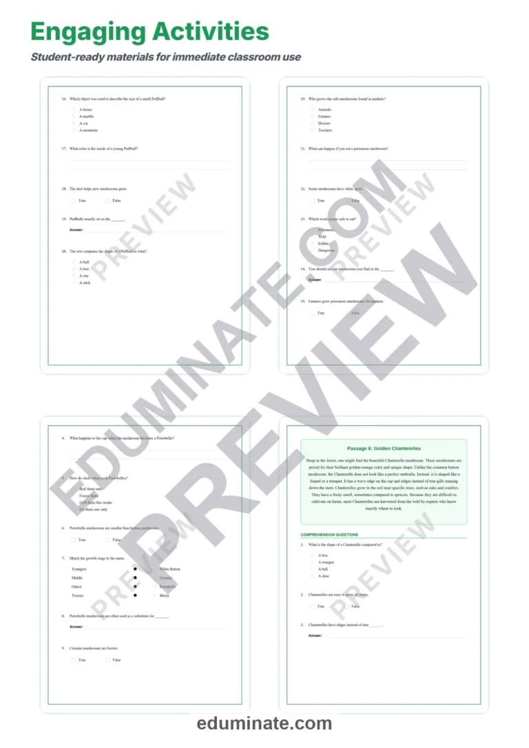 Mushroom Types Reading Comprehension Passages and Questions for Grades 3-7 sample page 4